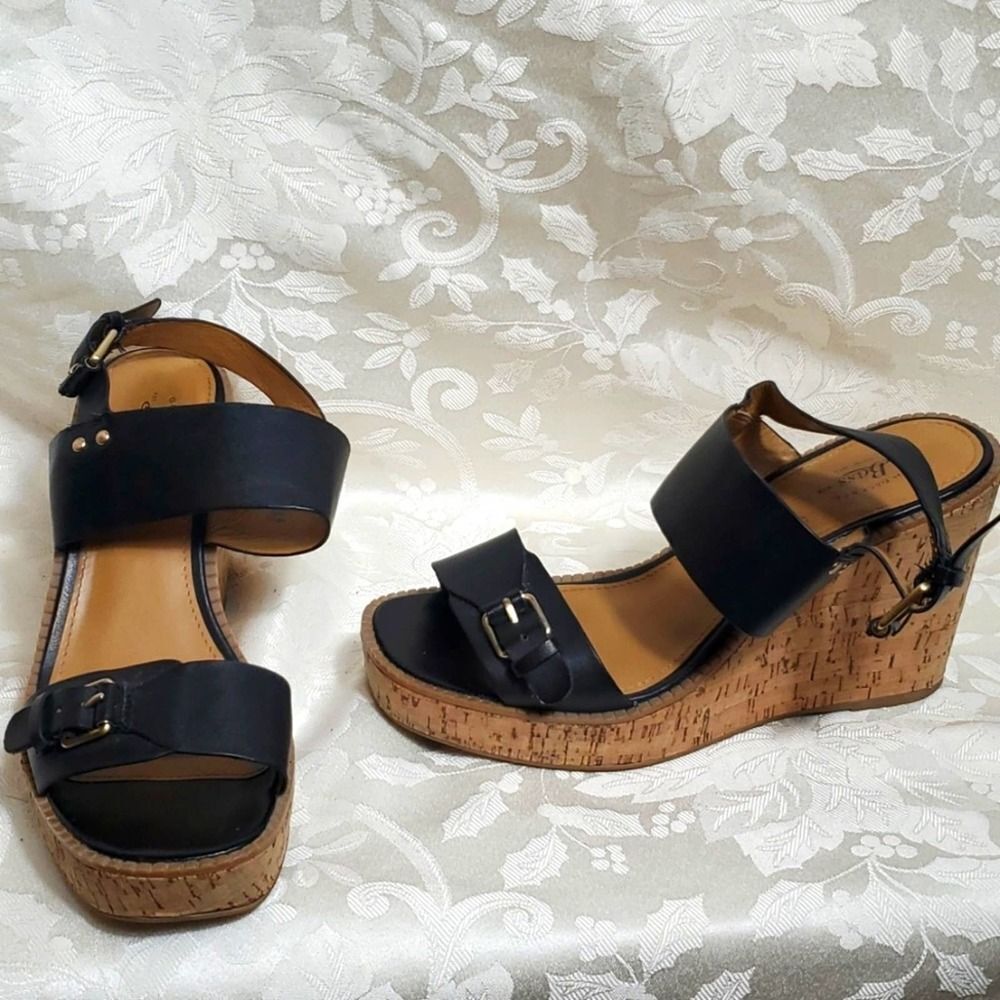 G.H. Bass & Co. Black Leather Cork Wedge Sandals